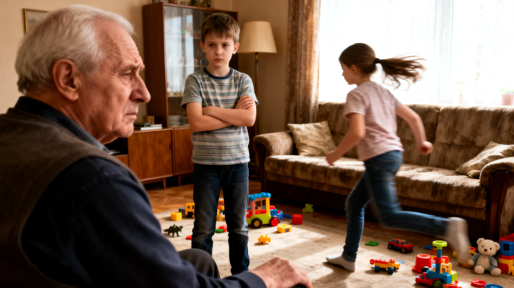 Dziadek boryka się z impulsywnymi i buntowniczymi zachowaniami wnuków, którzy nie słuchają poleceń, łamią ustalone zasady i reagują agresywnie lub opozycyjnie podczas wspólnie spędzanego czasu"